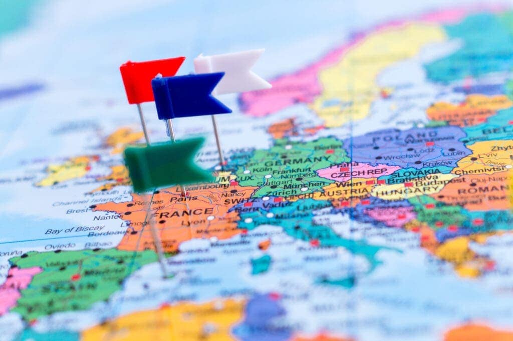 Map of Europe with Pins, shallow Focus