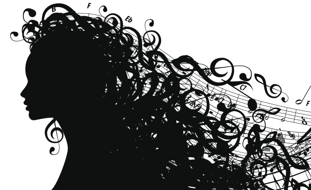 Silhouette of Female Head with Musical Symbols